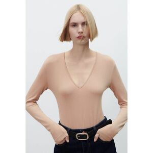 Zara EUC Long Sleeve Cotton V Neck Bodysuit Beige Nude Tan Size M